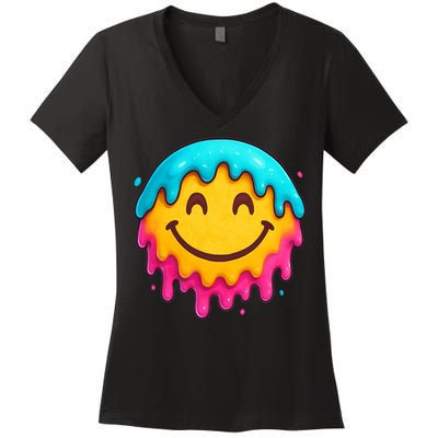 Smile Face Ice-Cream Drip Women's V-Neck T-Shirt
