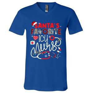 Santas Favorite Icu Nurse Xmas Lights Leopard Plaid Meaningful Gift V-Neck T-Shirt