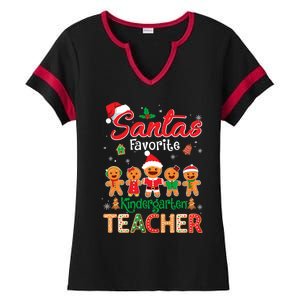 Santa's Favorite Kindergarten Teacher Cookie Hat Christmas Funny Gift Ladies Halftime Notch Neck Tee