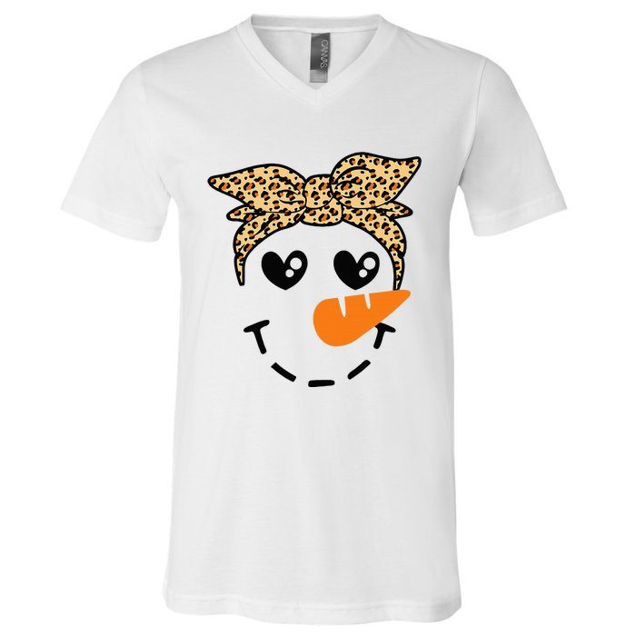 Snowman Face Leopard Headband Christmas Xmas Party V-Neck T-Shirt