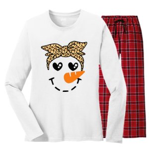 Snowman Face Leopard Headband Christmas Xmas Party Women's Long Sleeve Flannel Pajama Set 