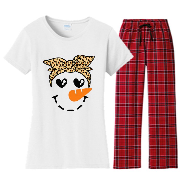 Snowman Face Leopard Headband Christmas Xmas Party Women's Flannel Pajama Set