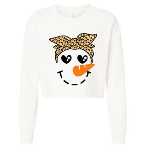 Snowman Face Leopard Headband Christmas Xmas Party Cropped Pullover Crew