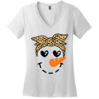 Snowman Face Leopard Headband Christmas Xmas Party Women's V-Neck T-Shirt