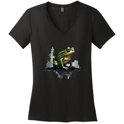 Scenic Forest Landscape With Frog Nature Inspired Women's V-Neck T-Shirt