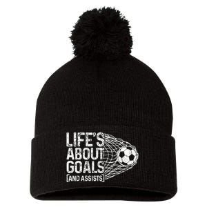 Soccer Funny Life Is About Goals & Assists Soccer Player Pom Pom 12in Knit Beanie