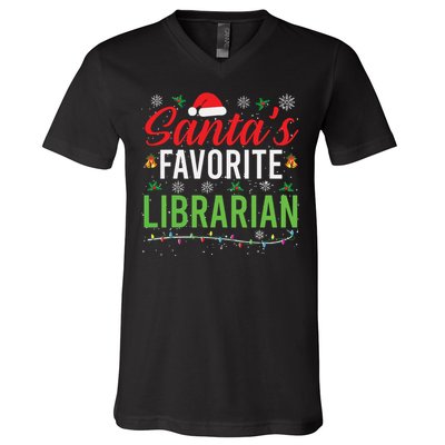 Santas Favorite Librarian Cute Book Lover Christmas Gifts V-Neck T-Shirt