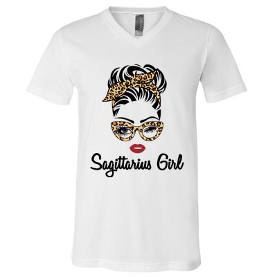 Sagittarius Face Leopard Bandana Wink Eye Gift V-Neck T-Shirt