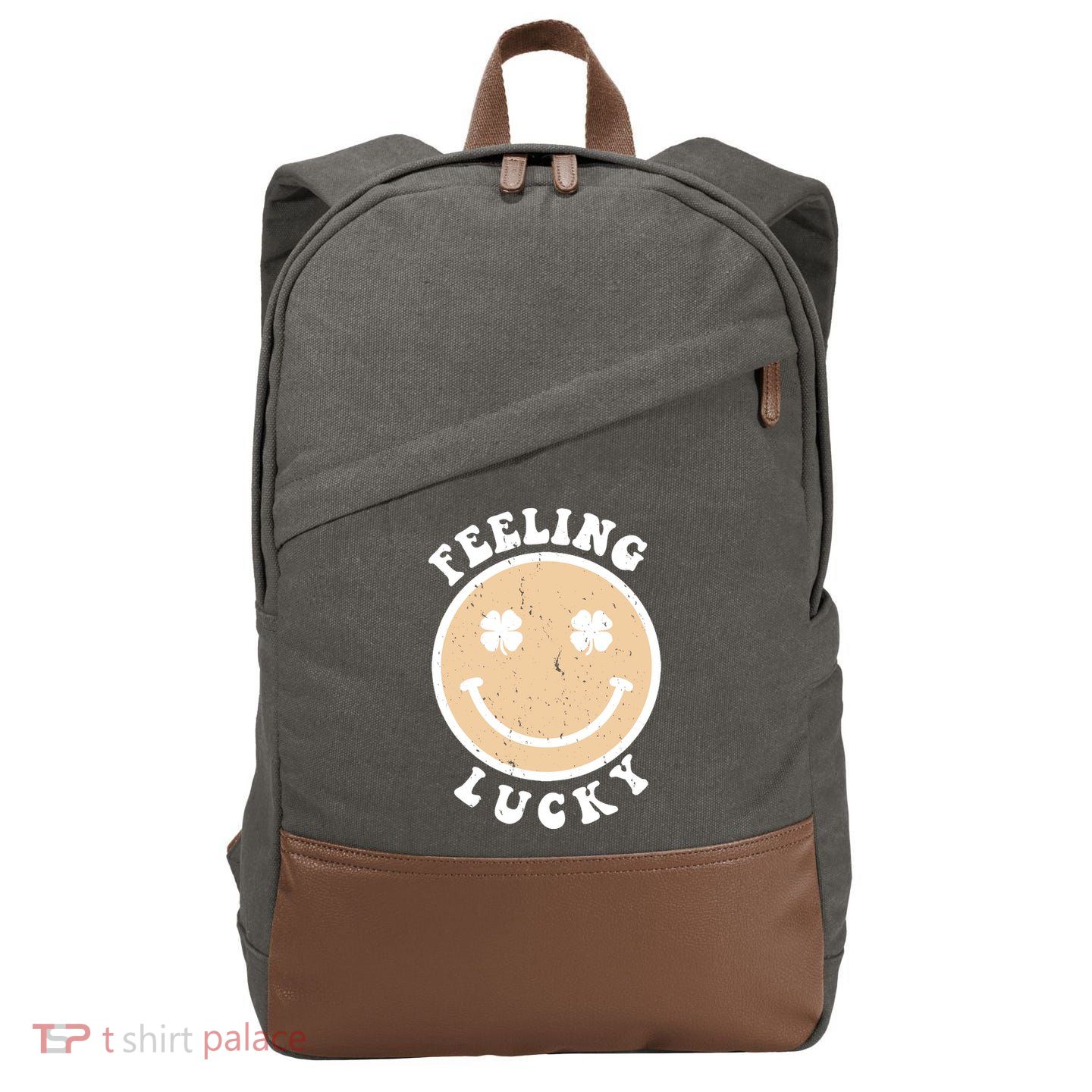 Shamrock Feeling Lucky Retro Smiley Cotton Canvas Backpack