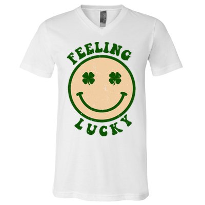 Shamrock Feeling Lucky Retro Smiley V-Neck T-Shirt