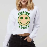 Shamrock Feeling Lucky Retro Smiley Cropped Pullover Crew