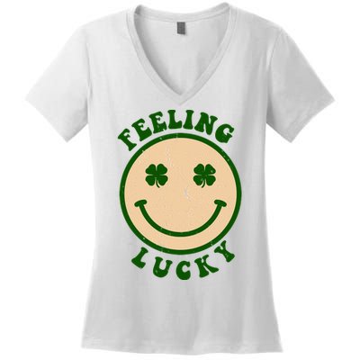 Shamrock Feeling Lucky Retro Smiley Women's V-Neck T-Shirt
