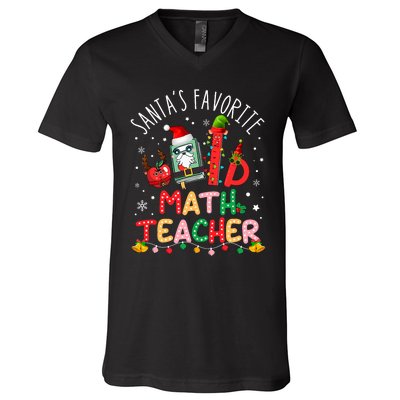 SantaS Favorite Math Teacher Christmas Santa Hat Matching V-Neck T-Shirt