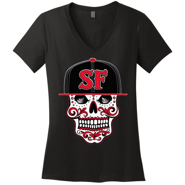 San Francisco Mexican Sugar Skull Design Bay Area Women's V-Neck T-Shirt