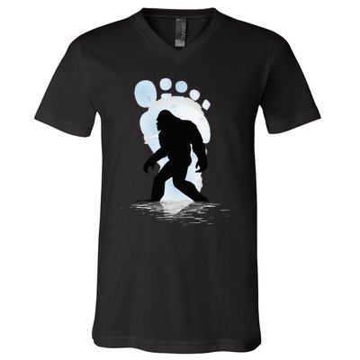 Sasquatch Footprint Moon Light Bigfoot Lovers Gifts V-Neck T-Shirt