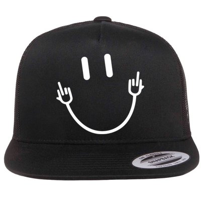Smile Face Middle Finger Funny Sarcasm Quote Flat Bill Trucker Hat