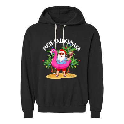 Santa Flamingo Mele Kalikimaka Tropical Christmas Hawaiian Garment-Dyed Fleece Hoodie