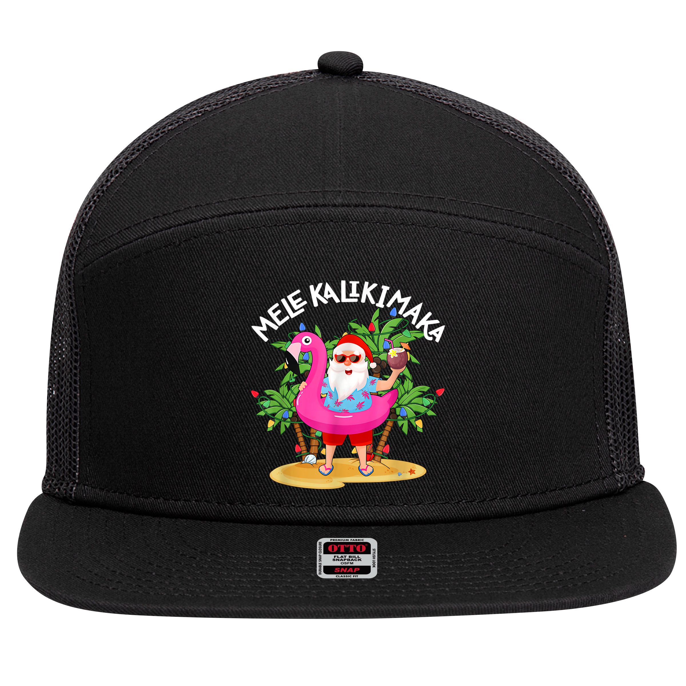 Santa Flamingo Mele Kalikimaka Tropical Christmas Hawaiian 7 Panel Mesh Trucker Snapback Hat