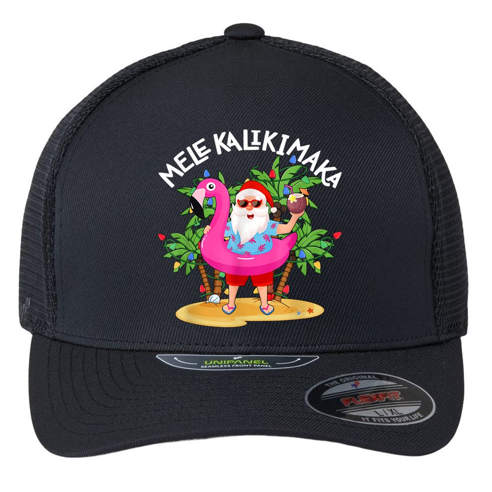 Santa Flamingo Mele Kalikimaka Tropical Christmas Hawaiian Flexfit Unipanel Trucker Cap