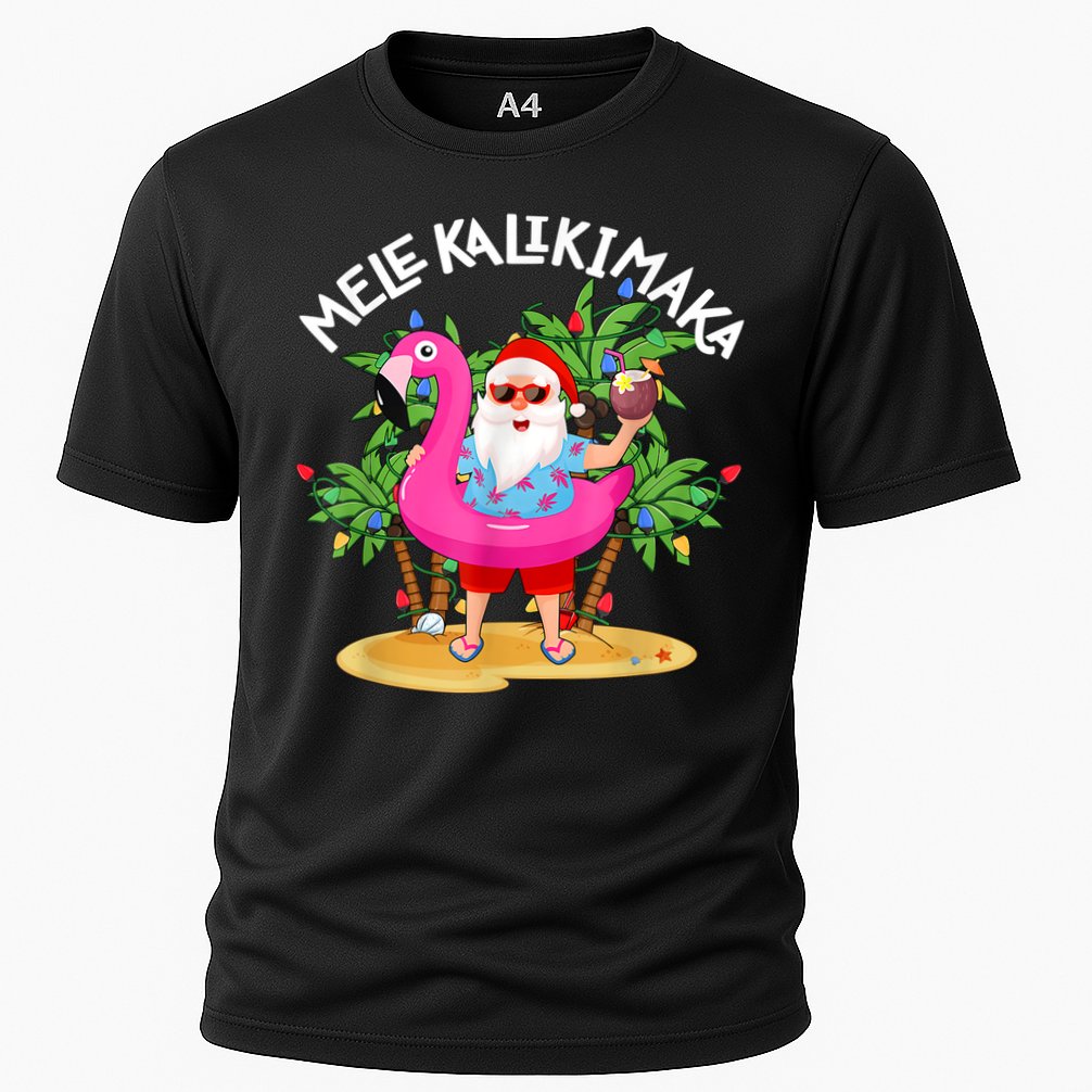 Santa Flamingo Mele Kalikimaka Tropical Christmas Hawaiian Cooling Performance Crew T-Shirt