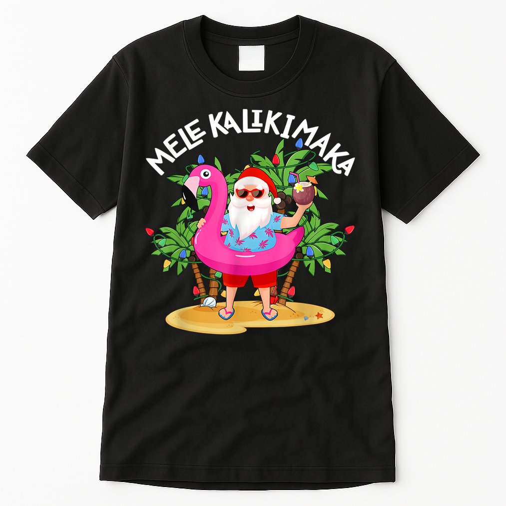 Santa Flamingo Mele Kalikimaka Tropical Christmas Hawaiian Tall T-Shirt