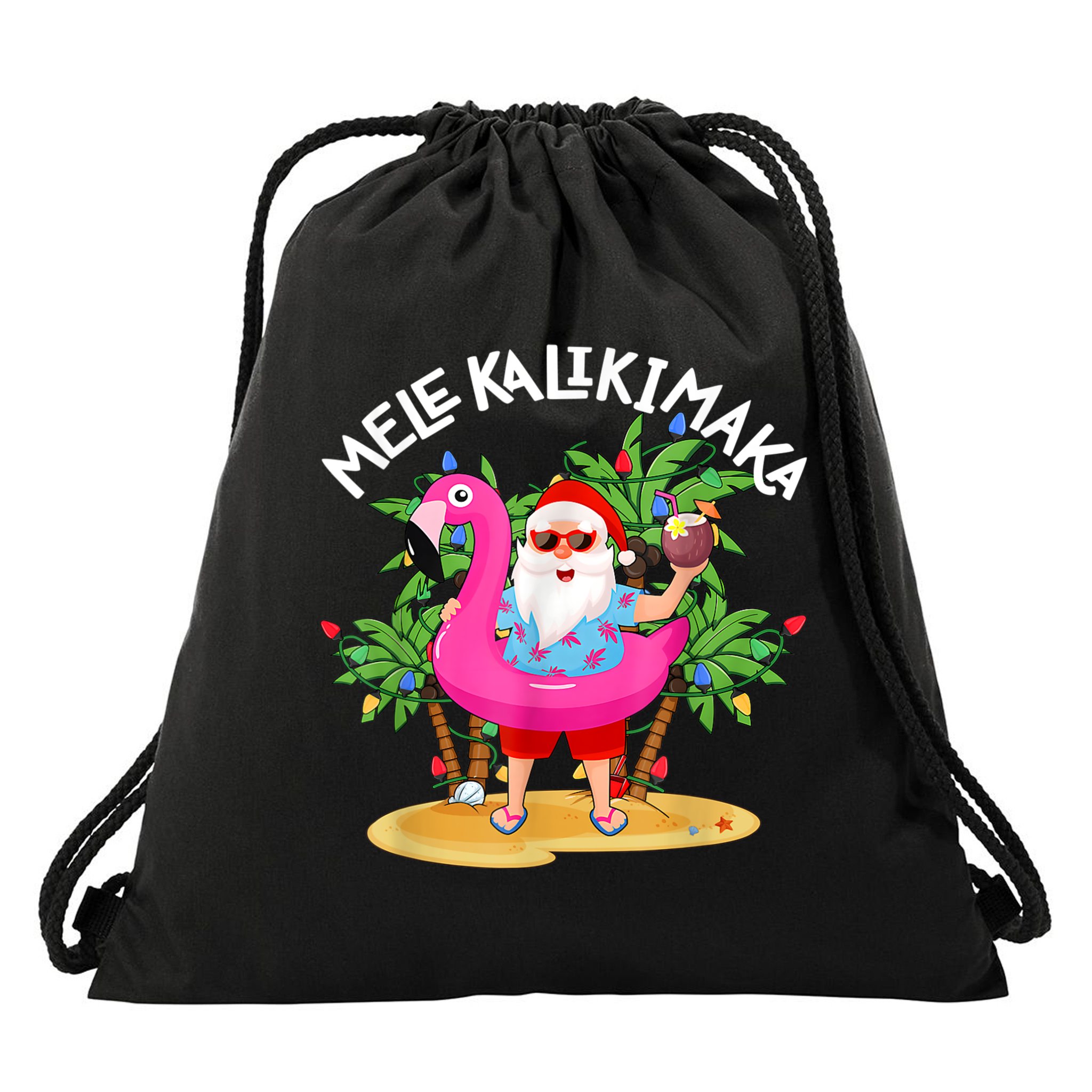Santa Flamingo Mele Kalikimaka Tropical Christmas Hawaiian Drawstring Bag