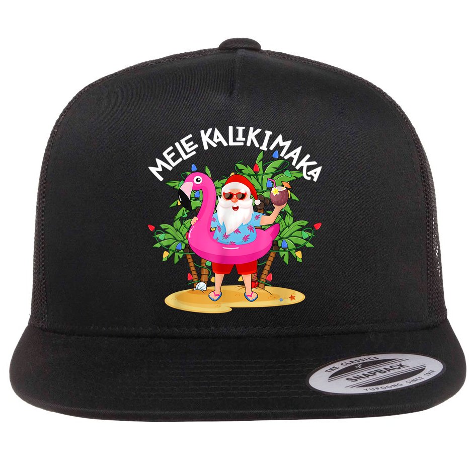 Santa Flamingo Mele Kalikimaka Tropical Christmas Hawaiian Flat Bill Trucker Hat