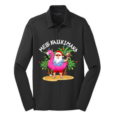 Santa Flamingo Mele Kalikimaka Tropical Christmas Hawaiian Silk Touch Performance Long Sleeve Polo