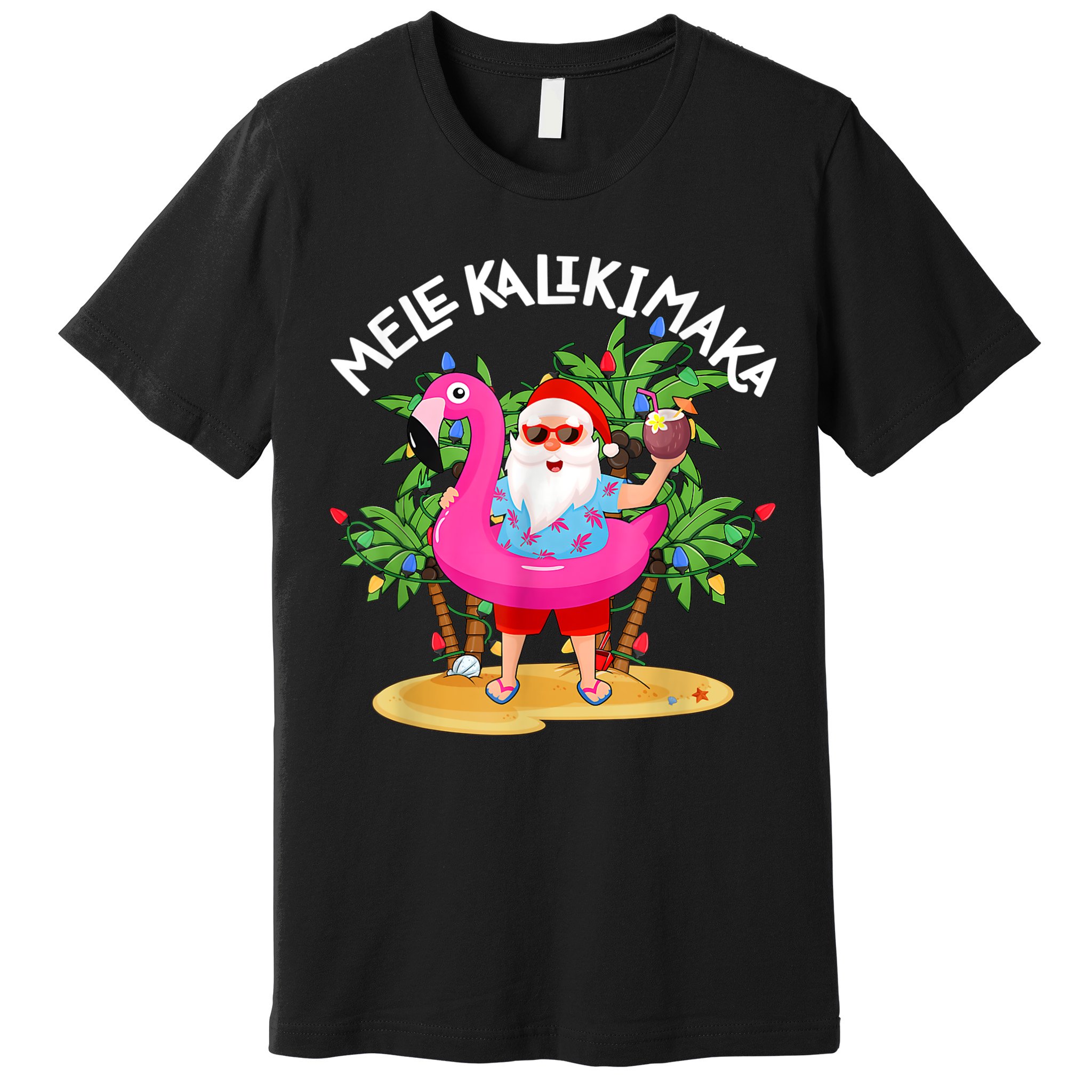 Santa Flamingo Mele Kalikimaka Tropical Christmas Hawaiian Premium T-Shirt