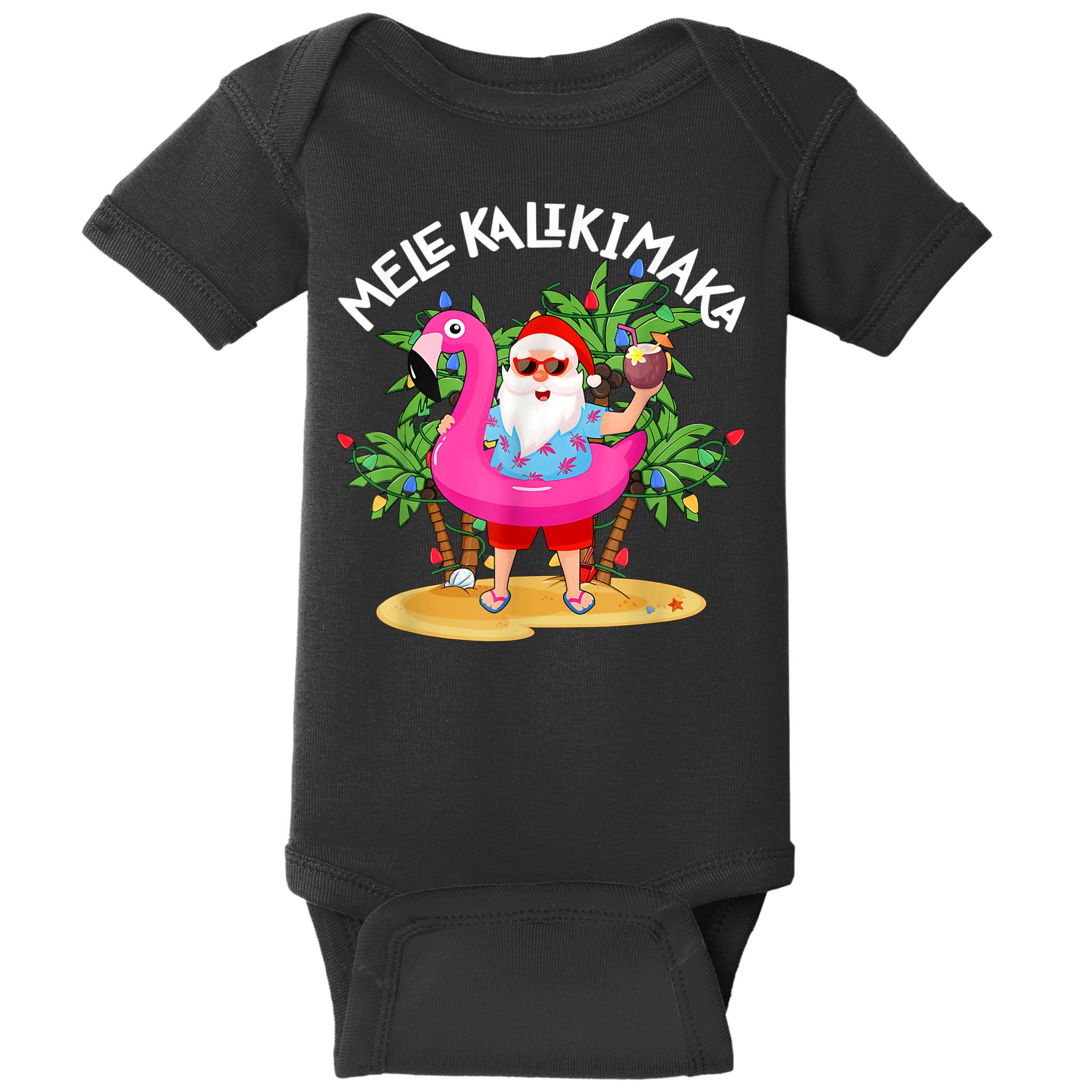 Santa Flamingo Mele Kalikimaka Tropical Christmas Hawaiian Baby Bodysuit