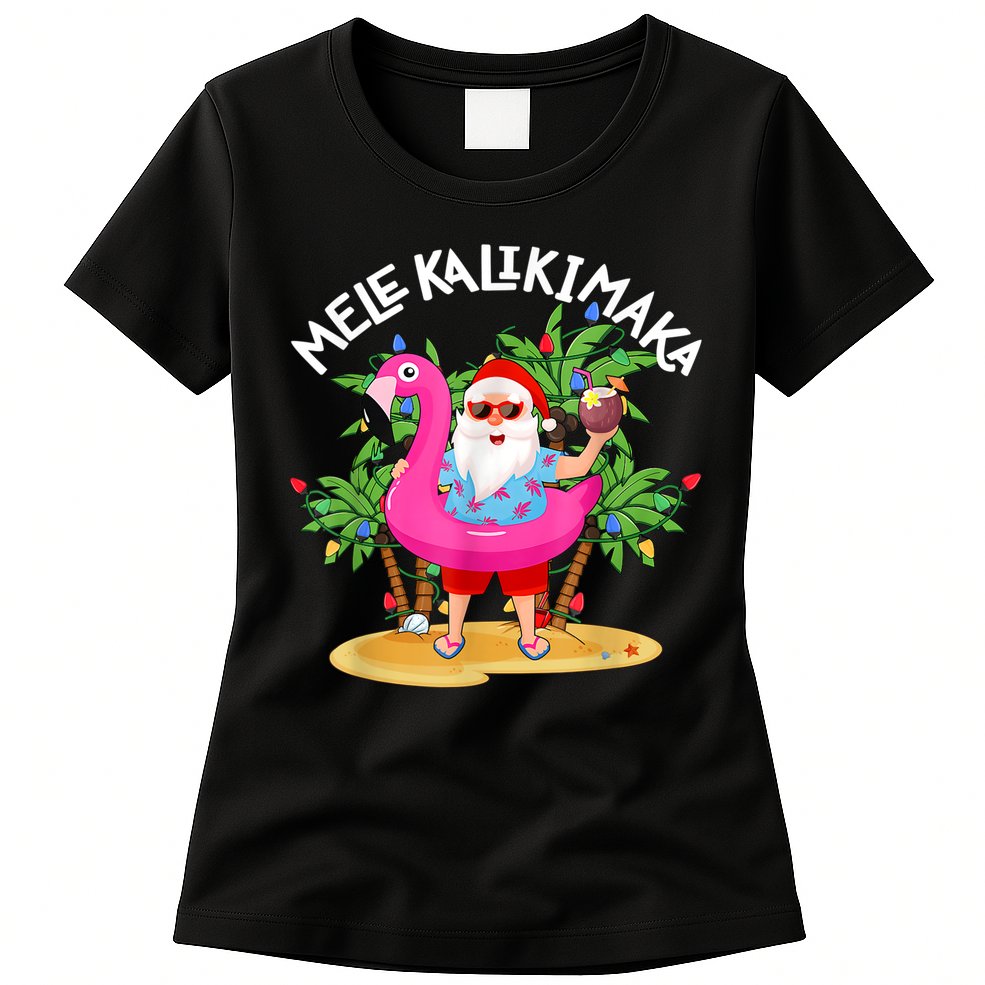 Santa Flamingo Mele Kalikimaka Tropical Christmas Hawaiian Womens T-Shirt