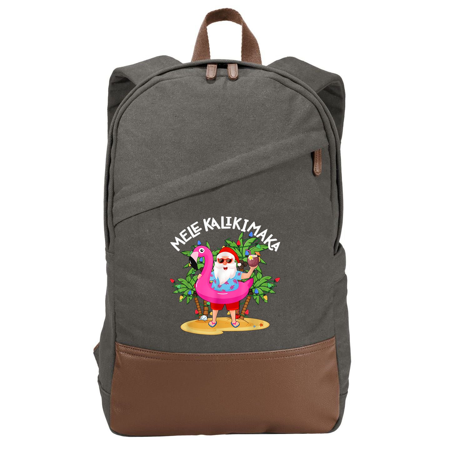 Santa Flamingo Mele Kalikimaka Tropical Christmas Hawaiian Cotton Canvas Backpack
