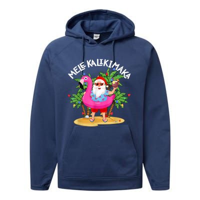 Santa Flamingo Mele Kalikimaka Tropical Christmas Hawaiian Performance Fleece Hoodie