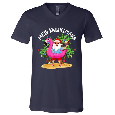 Santa Flamingo Mele Kalikimaka Tropical Christmas Hawaiian V-Neck T-Shirt