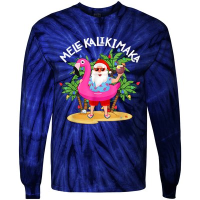 Santa Flamingo Mele Kalikimaka Tropical Christmas Hawaiian Tie-Dye Long Sleeve Shirt