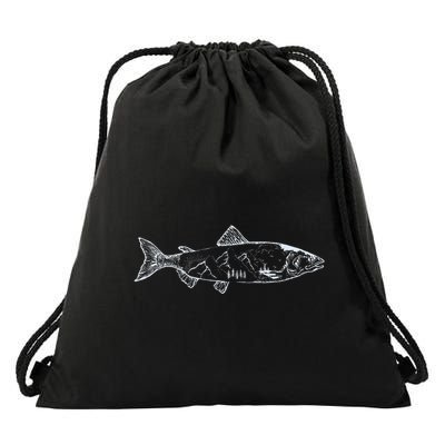 Salmon Fishing Mountains Fisherman Adventure Sketch Design Drawstring Bag