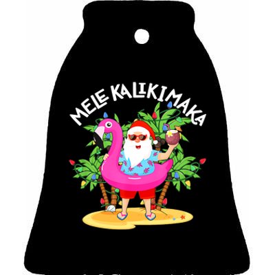 Santa Flamingo Mele Kalikimaka Tropical Christmas Hawaiian Ceramic Bell Ornament