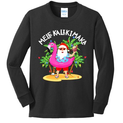 Santa Flamingo Mele Kalikimaka Tropical Christmas Hawaiian Kids Long Sleeve Shirt