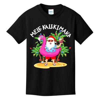 Santa Flamingo Mele Kalikimaka Tropical Christmas Hawaiian Kids T-Shirt