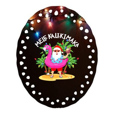 Santa Flamingo Mele Kalikimaka Tropical Christmas Hawaiian Ceramic Oval Ornament