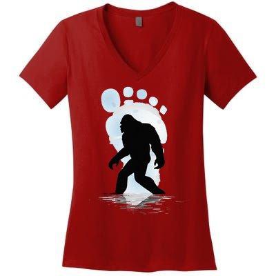 Sasquatch Footprint Moon Light Bigfoot Lovers Gifts Women's V-Neck T-Shirt