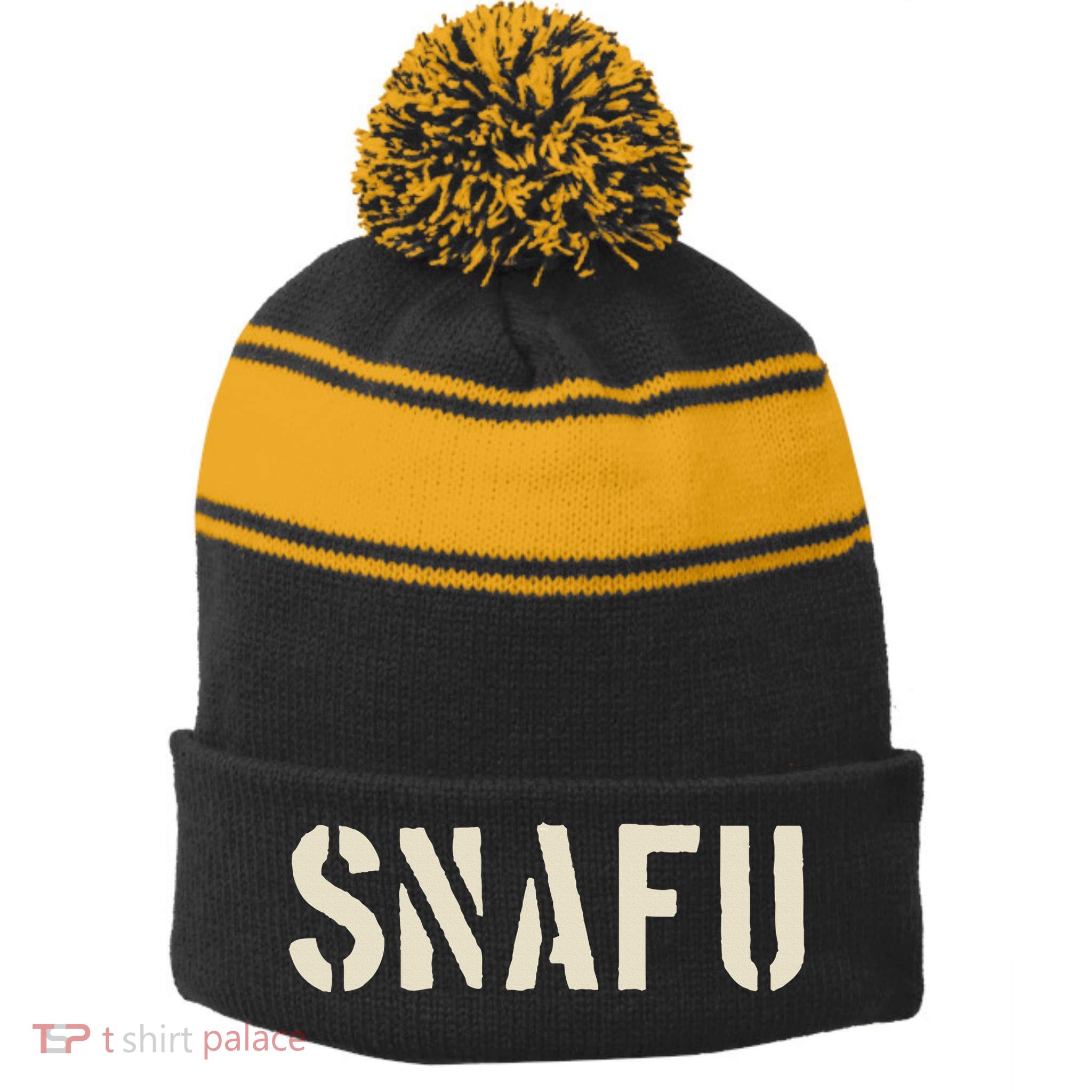Snafu Funny Military Slang Design Stencil Look Letters Stripe Pom Pom Beanie