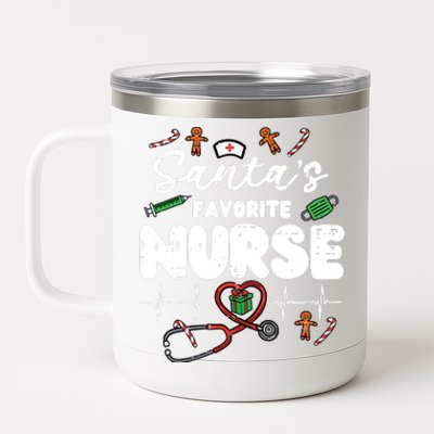 Santas Favorite Nurse Christmas Xmas Nursing Scrub Top Women 12 oz Stainless Steel Tumbler Cup