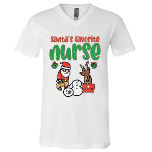 Santas Favorite Nurse Christmas Xmas Nursing Scrub Top Women V-Neck T-Shirt