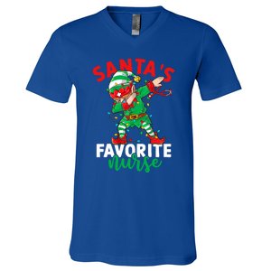 Santas Favorite Nurse Dabbing Elf Christmas Pajama Holiday Funny Gift V-Neck T-Shirt