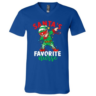 Santas Favorite Nurse Dabbing Elf Christmas Pajama Holiday Funny Gift V-Neck T-Shirt