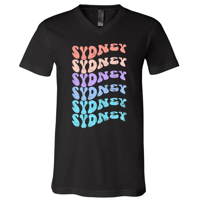 Sydney First Name I Love Sydney Vintage Groovy Birthday V-Neck T-Shirt