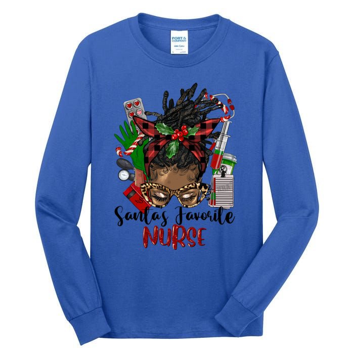 SantaS Favorite Nurse Afro Messy Bun Christmas Gift Tall Long Sleeve T-Shirt