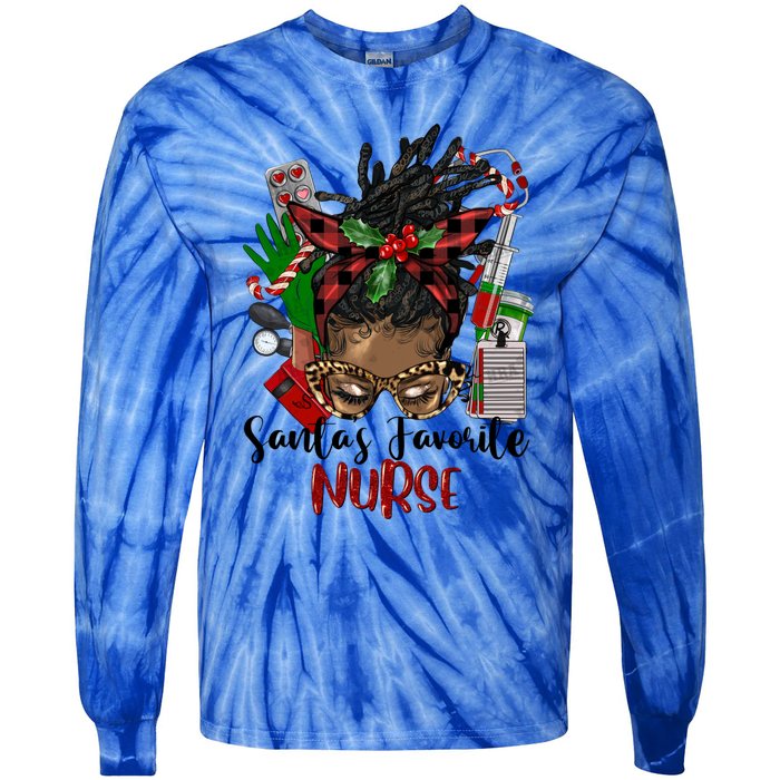 SantaS Favorite Nurse Afro Messy Bun Christmas Gift Tie-Dye Long Sleeve Shirt