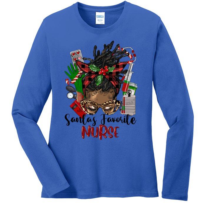 SantaS Favorite Nurse Afro Messy Bun Christmas Gift Ladies Long Sleeve Shirt